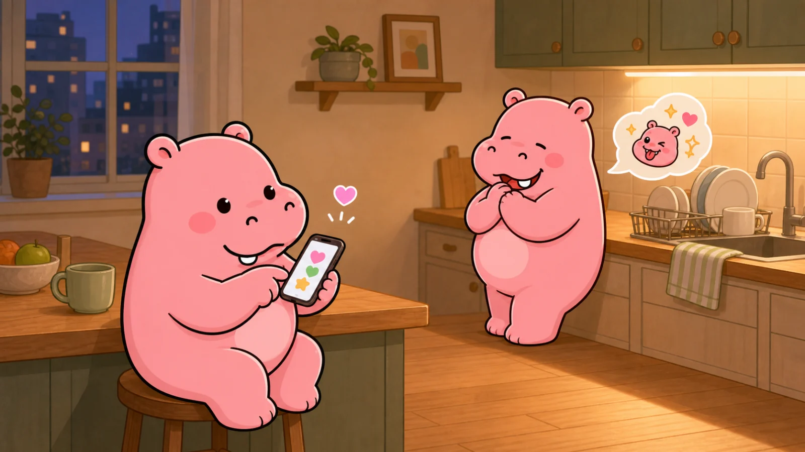 Two Roxily hippo mascots sharing a warm text thank-you and playful Meme after the dishes are done in an evening kitchen