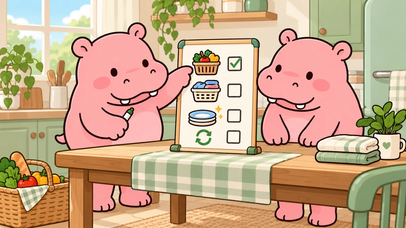 Two Roxily hippos planning household chores together at a kitchen whiteboard