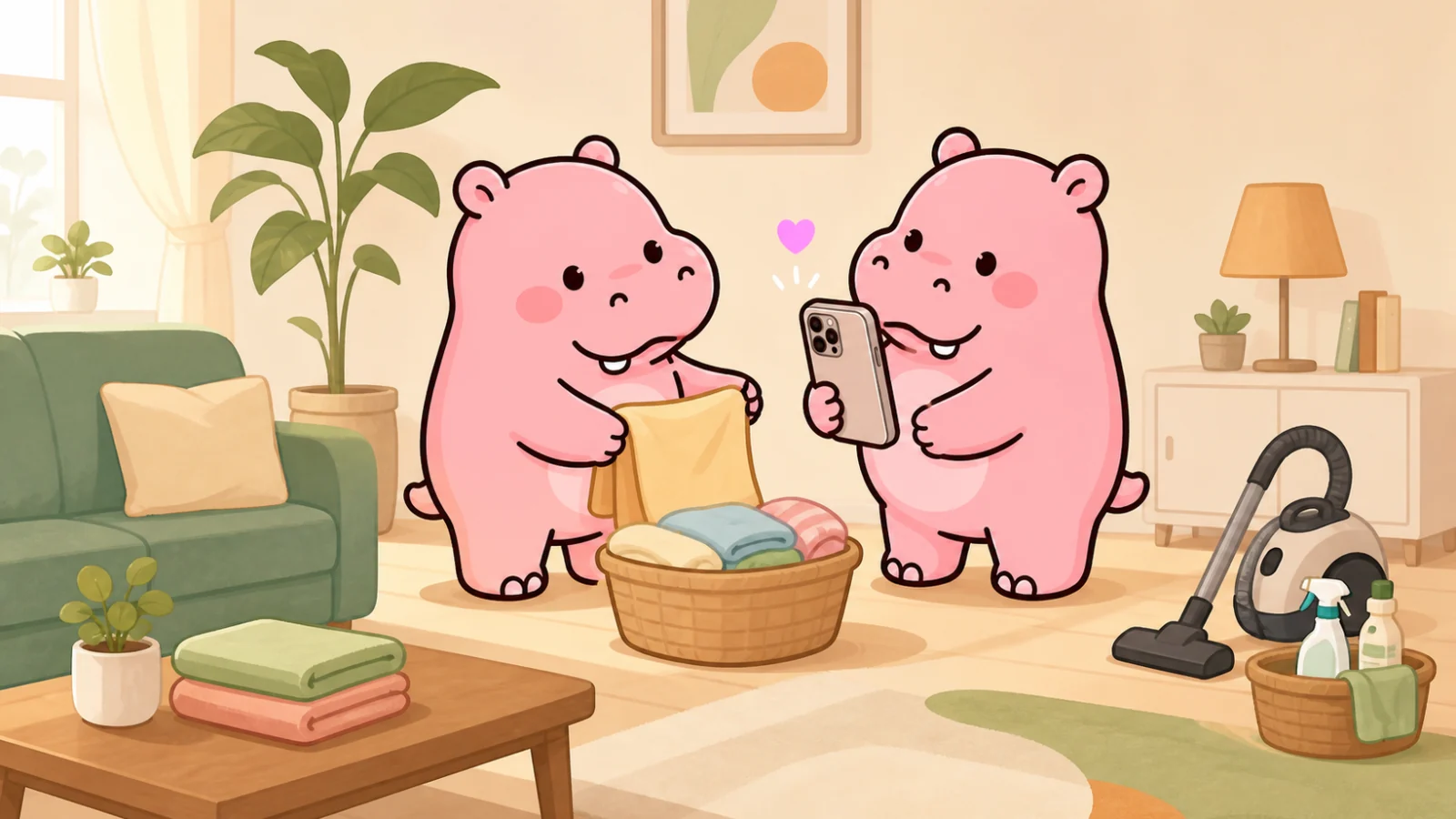 Two Roxily hippo mascots sharing laundry and checking their household plan together