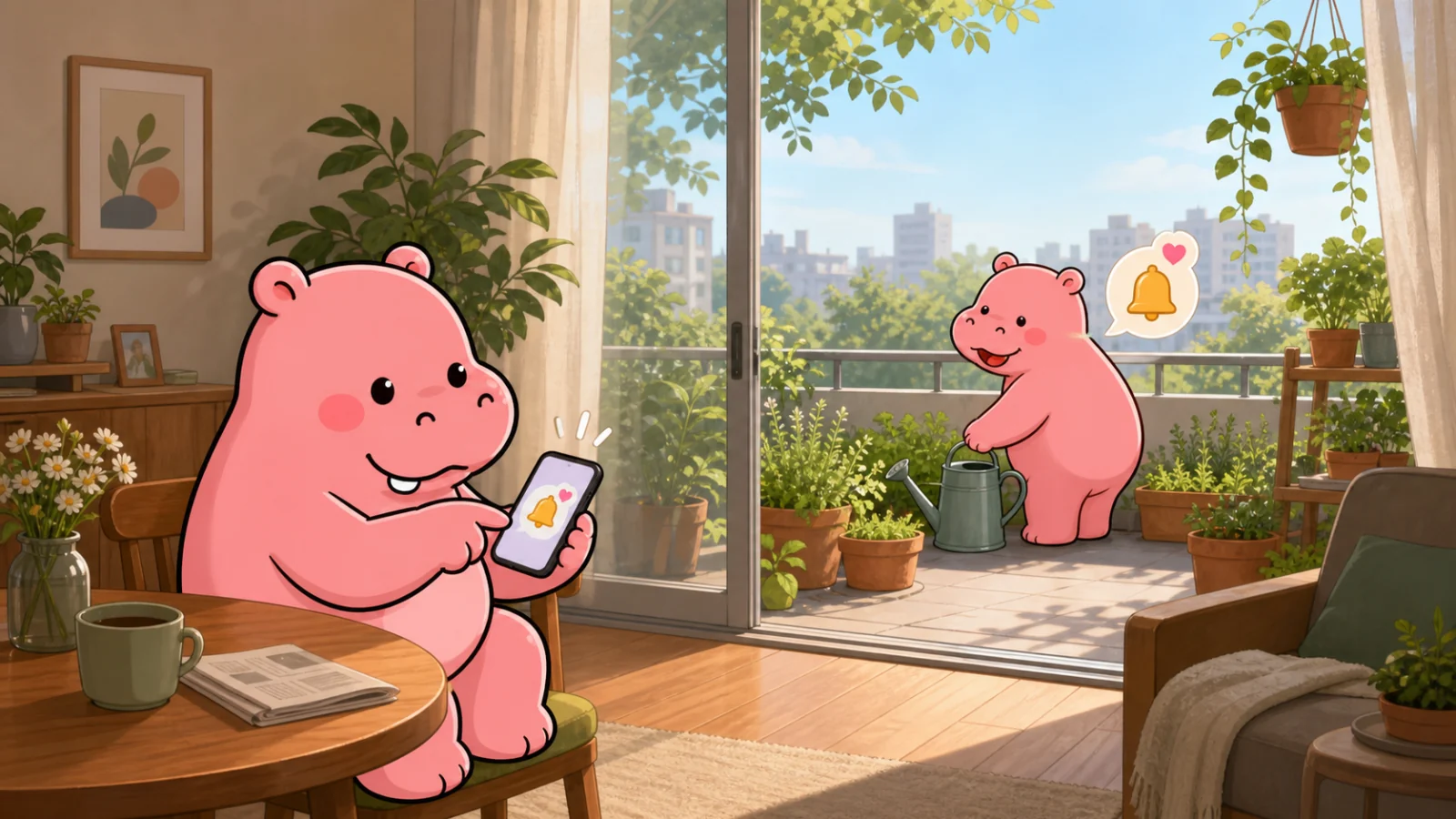 One Roxily hippo sends a gentle reminder while their partner smiles and reaches for a watering can by the balcony herbs