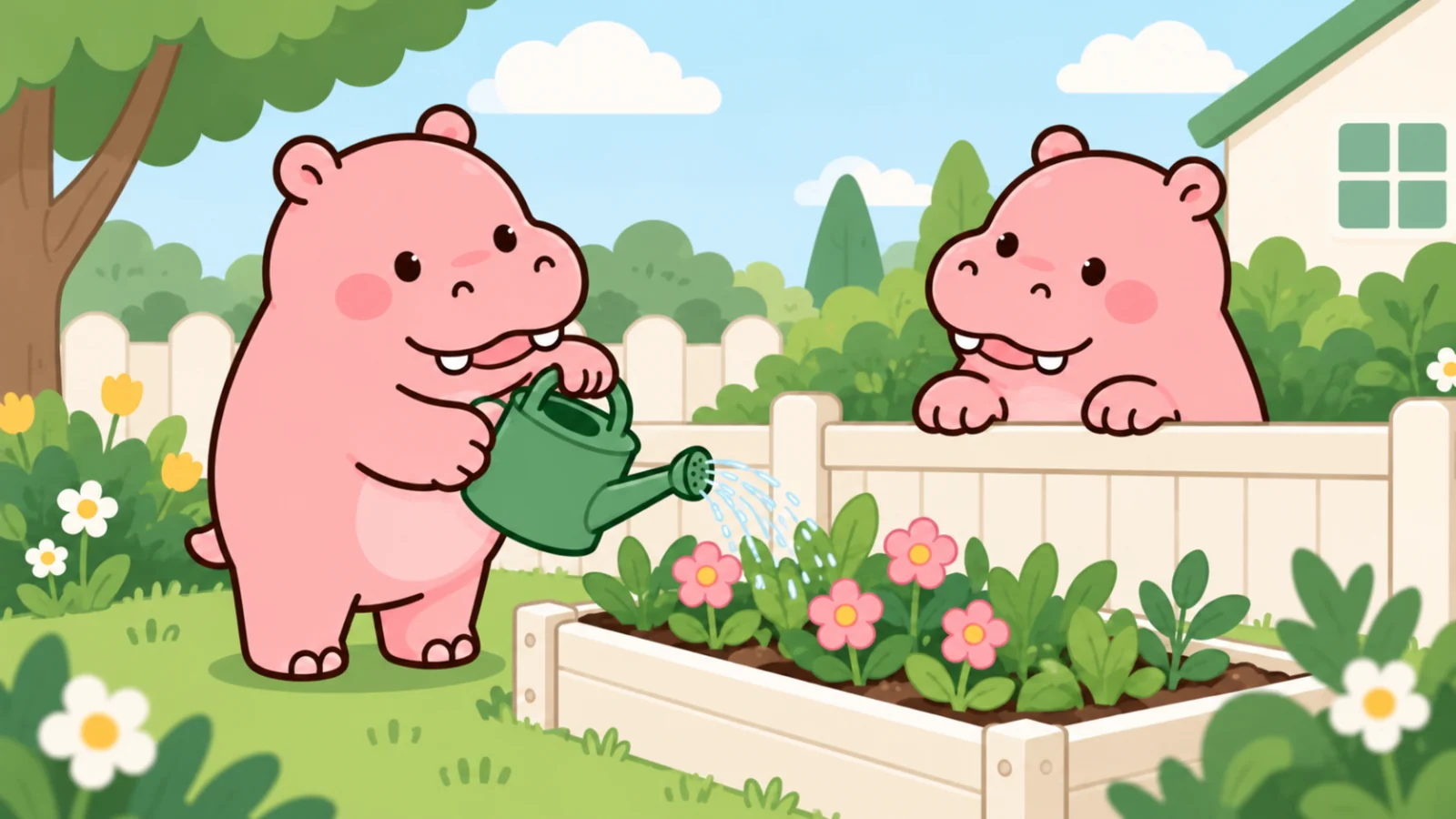 Two Roxily hippo mascots taking turns caring for plants in a sunny shared garden