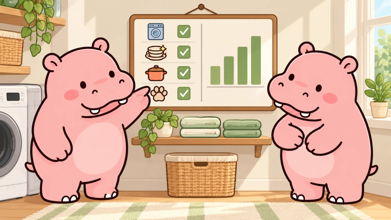 Two Roxily hippos reviewing completed chores and progress in a laundry room