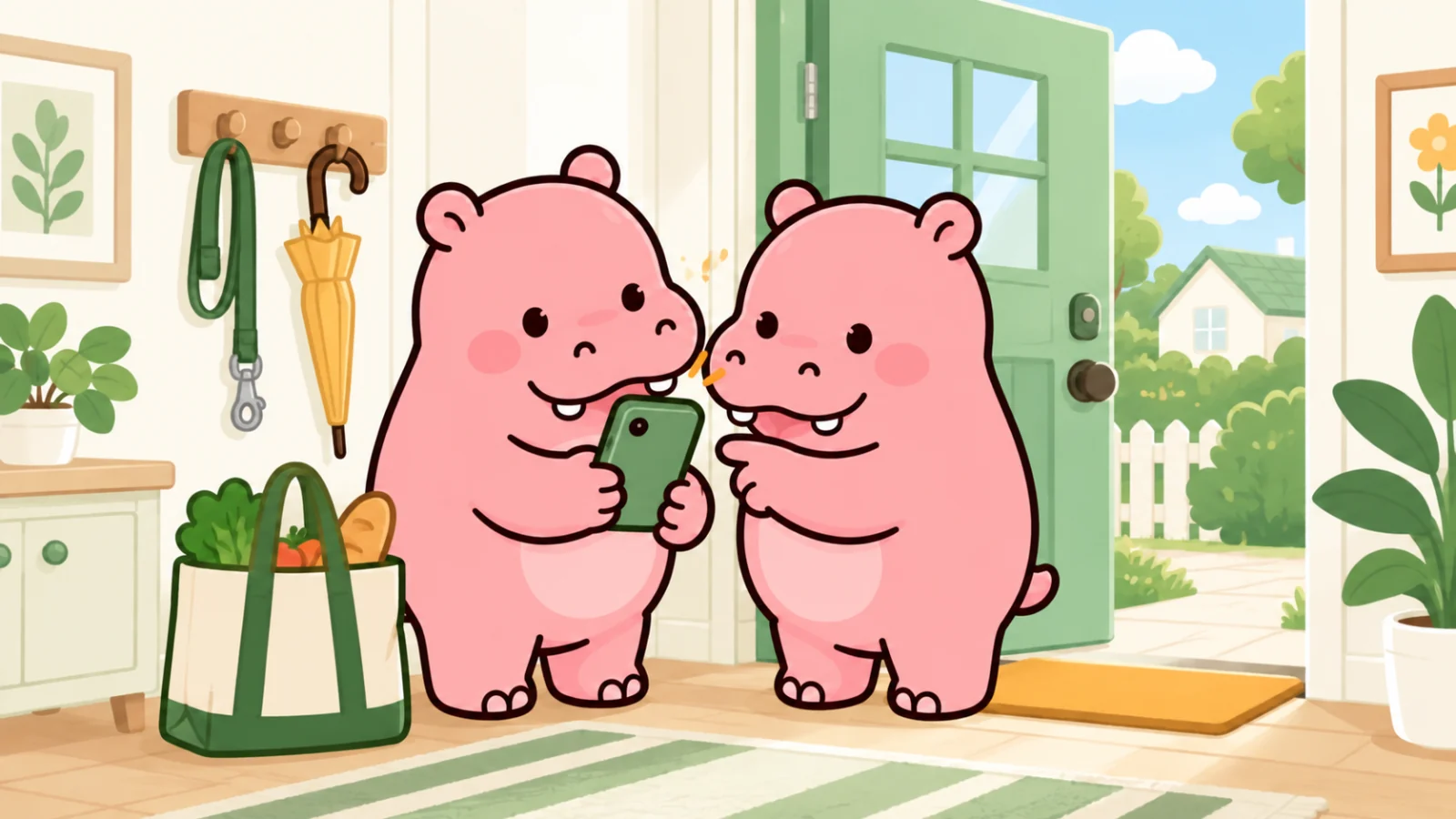 Two Roxily hippo mascots checking one shared to-do list by the front door on a sunny Monday morning, with a dog leash and a grocery bag at their feet