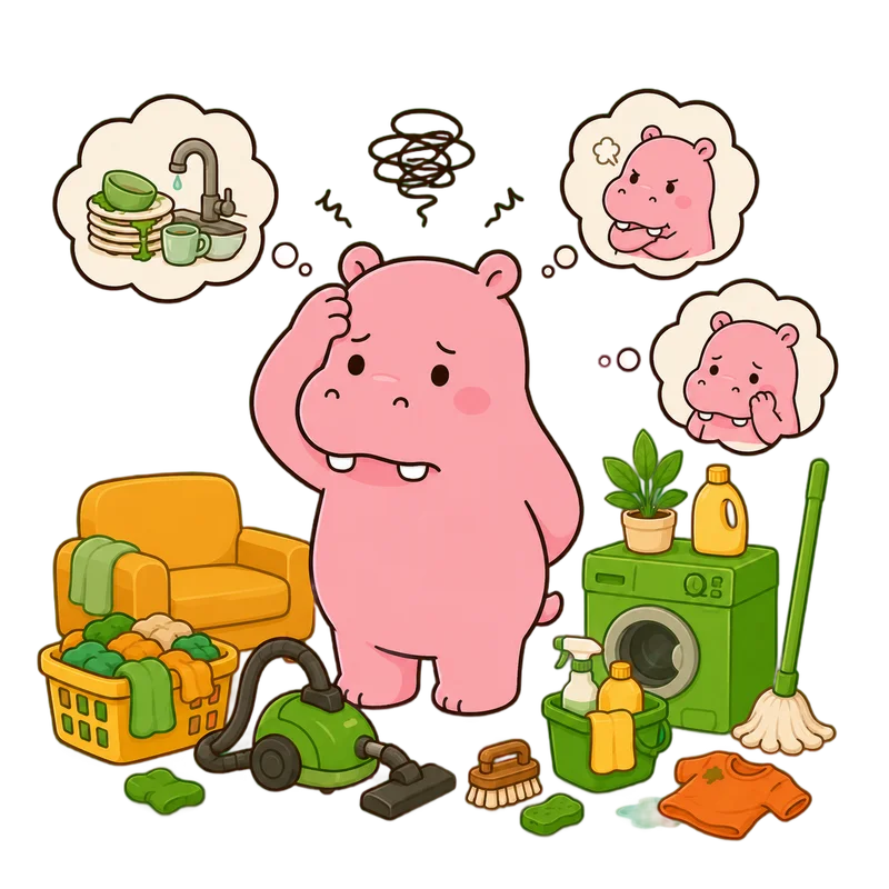 A stressed Roxily character surrounded by household activities