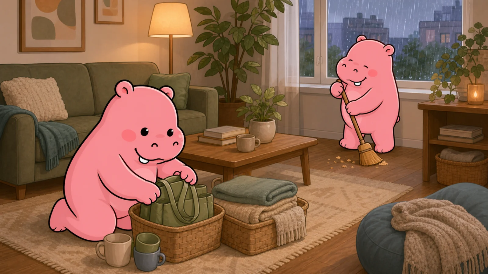 Two Roxily hippo mascots resetting the living room after a rainy day with friends, folding blankets and gathering cups