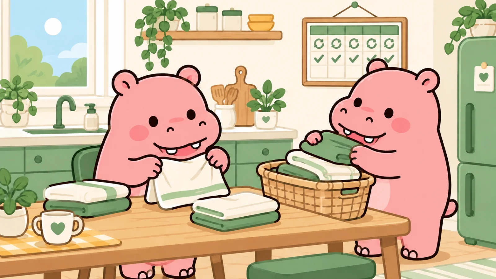 Two Roxily hippo mascots folding laundry together in a calm sunrise kitchen light