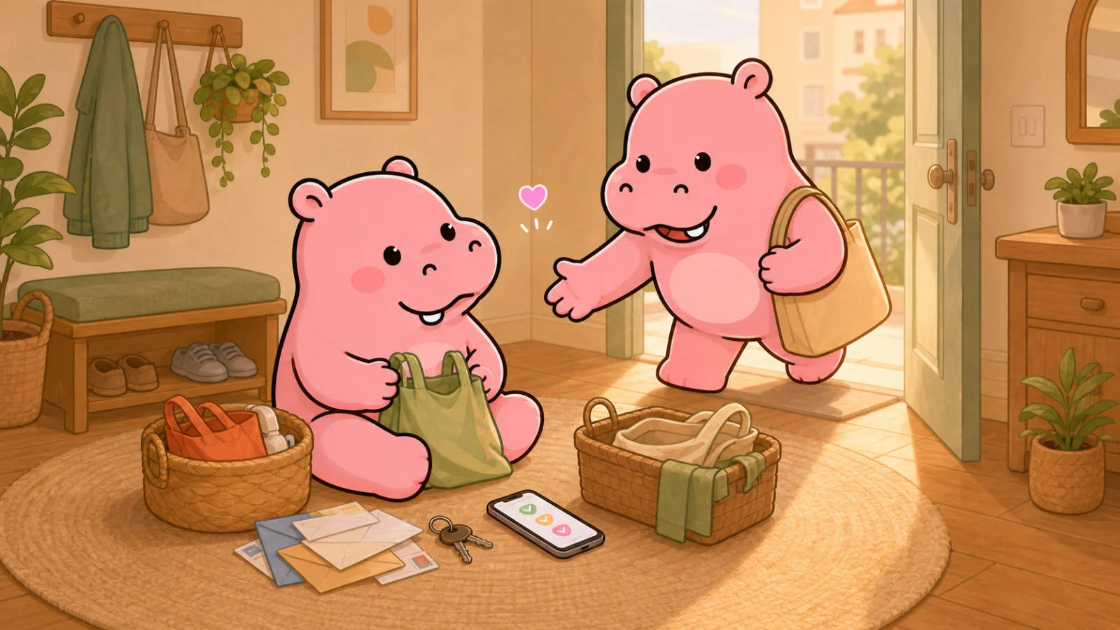 Two Roxily hippo mascots sharing the home reset together in a sunlit entryway
