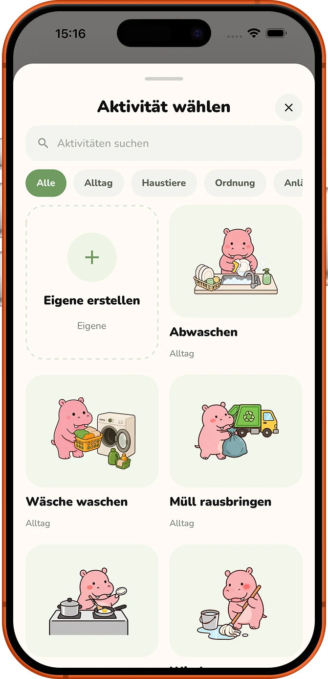 Roxily-Bildschirm zur Auswahl von Activity-Presets