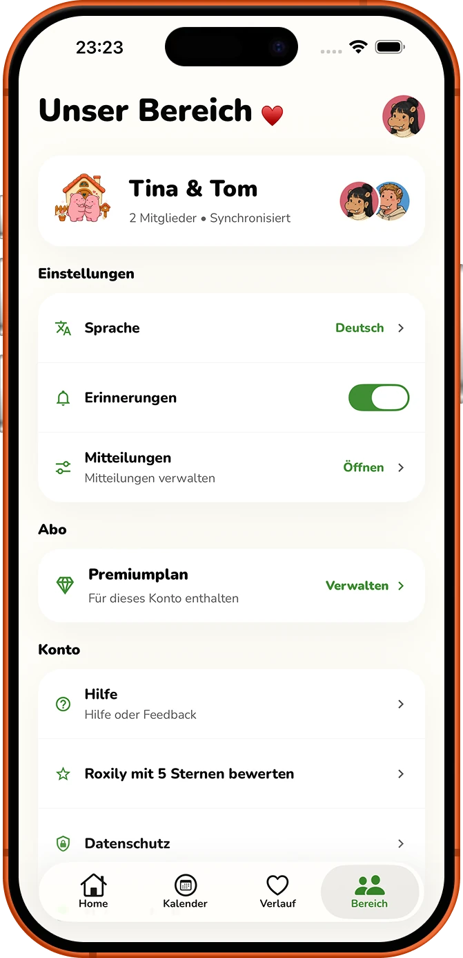 Roxily-Bildschirm mit den Einstellungen für den freigegebenen Raum
