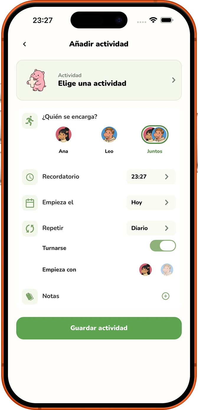 Pantalla de Roxily para añadir Activity