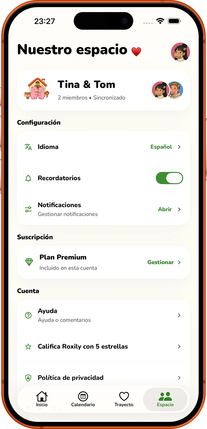 Pantalla de ajustes del espacio compartido de Roxily
