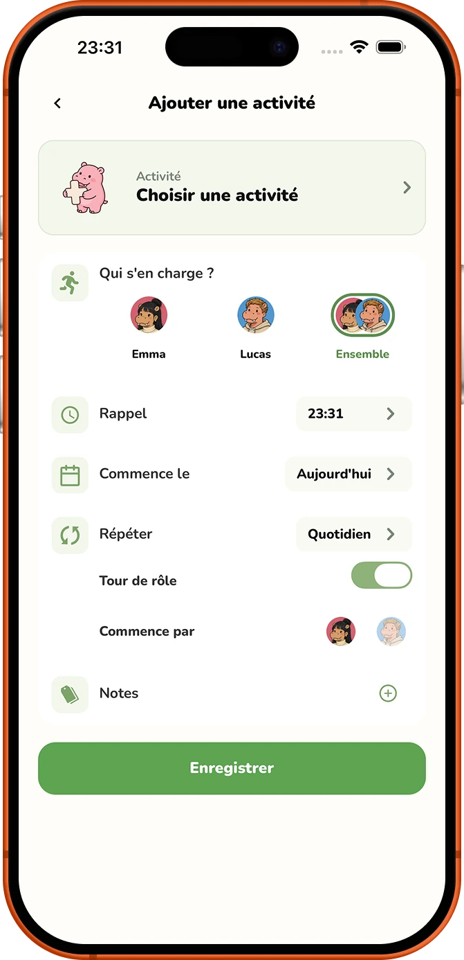 Écran Roxily pour ajouter une Activity