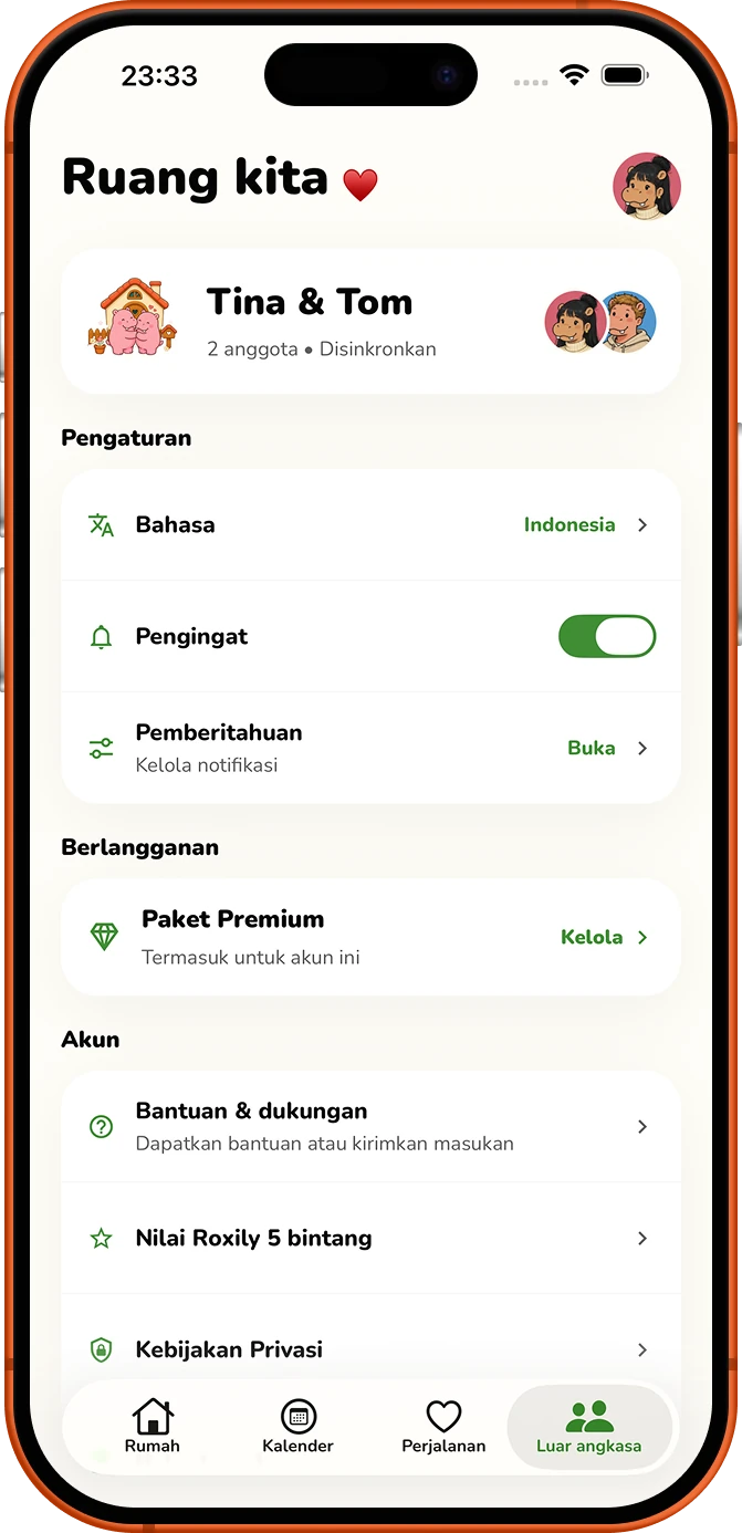 Layar pengaturan ruang bersama Roxily