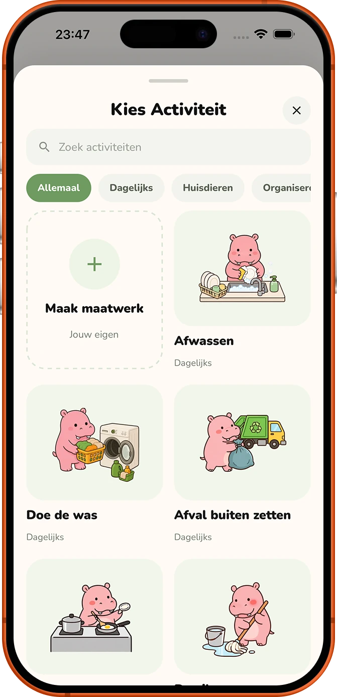 Roxily kiest het vooraf ingestelde activiteitsscherm