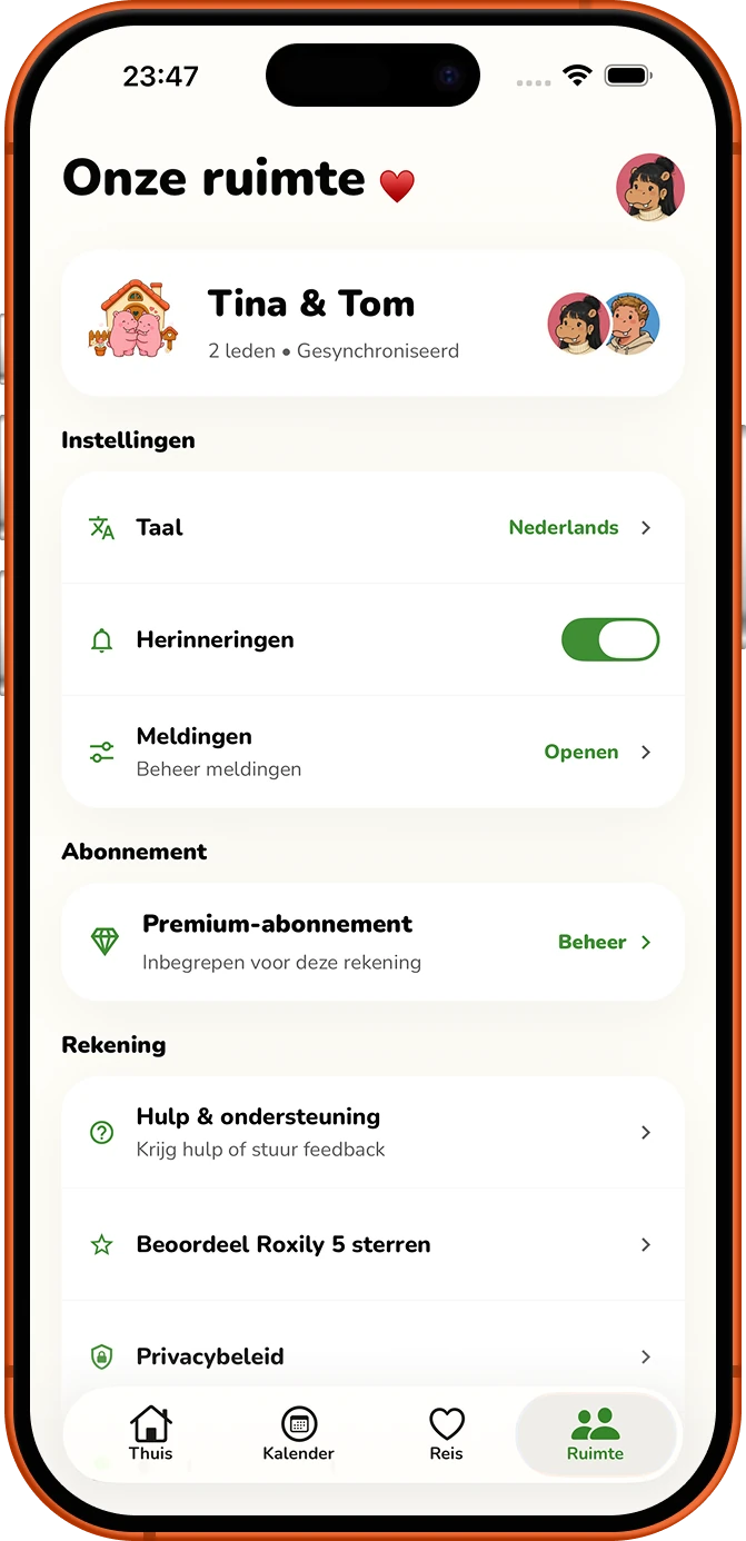 Roxily-instellingenscherm voor gedeelde ruimte