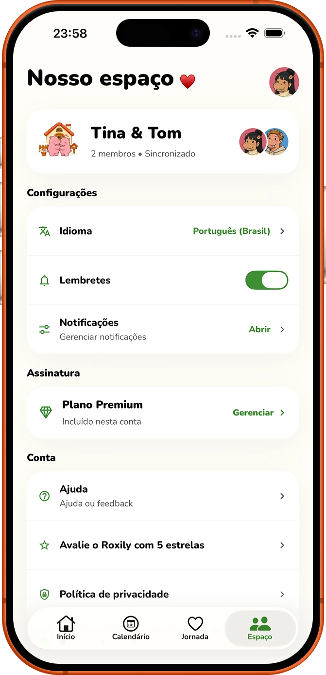 Tela de configurações de espaço compartilhado do Roxily