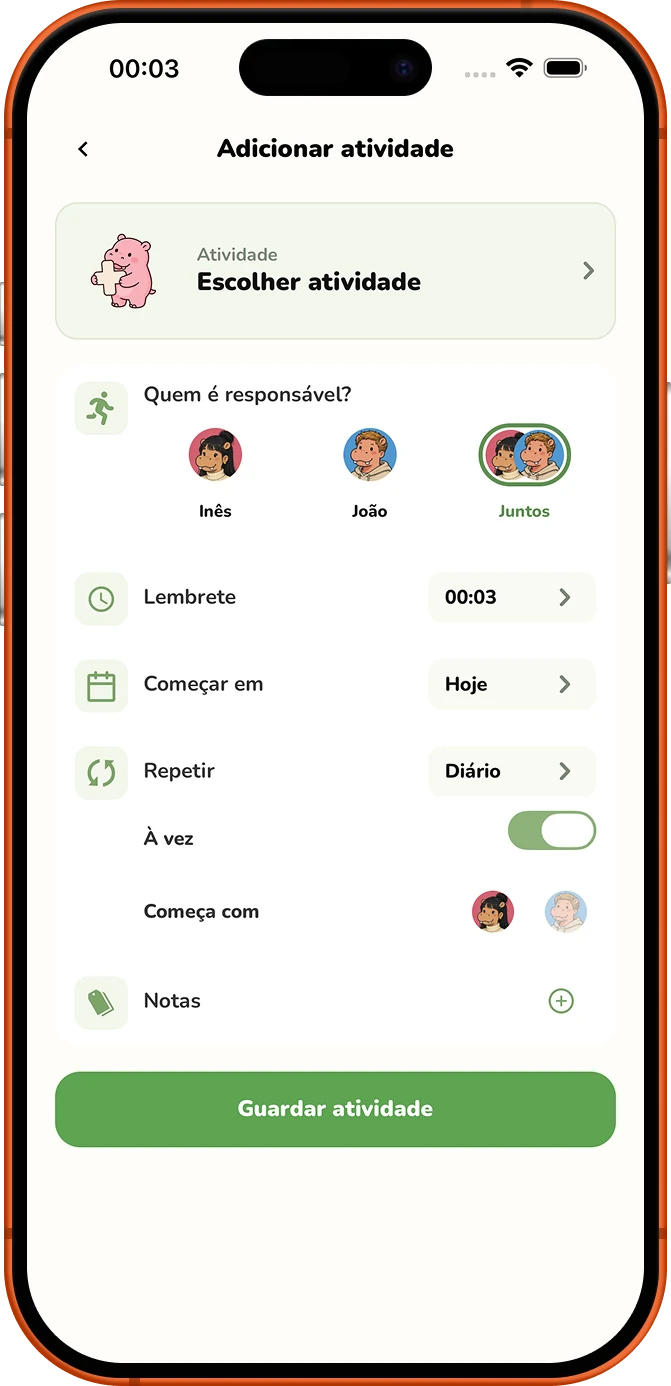 Ecrã do Roxily para adicionar uma Activity