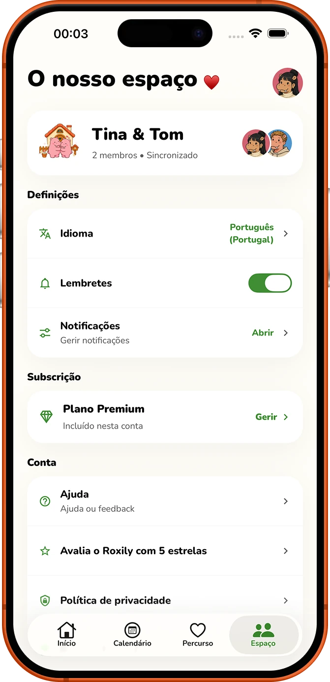 Ecrã de definições de espaço partilhado do Roxily