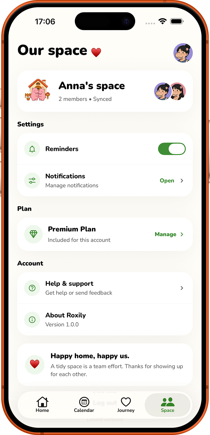Roxily shared space settings screen