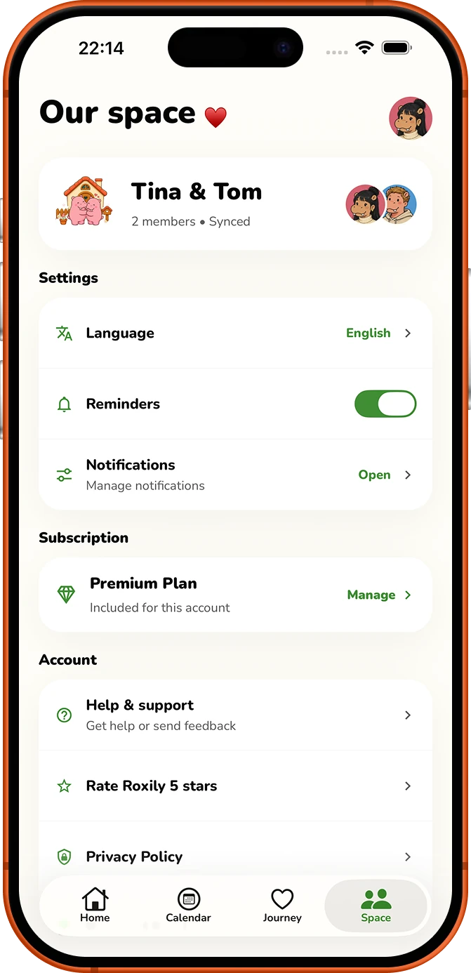 Roxily shared space settings screen