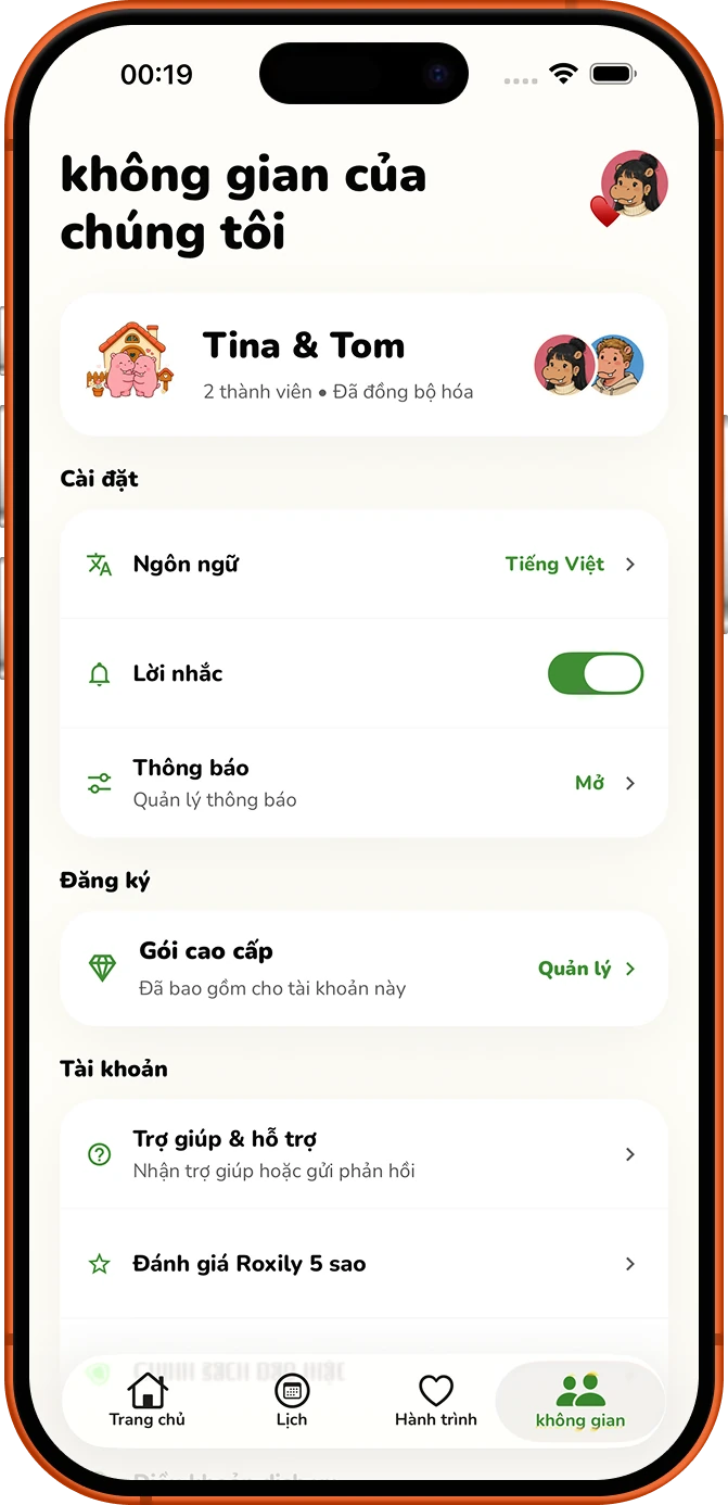 Màn hình cài đặt không gian chia sẻ của Roxily